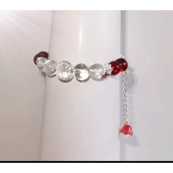 Burgundy Clear Wire Bracelet w beaded Flower Dangle Charm #65 - Picture 3 of 4